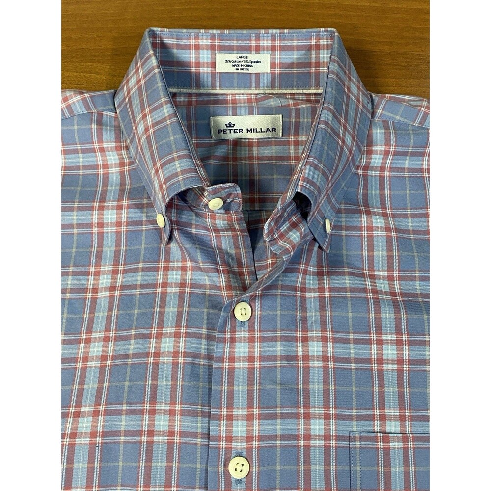 Peter Millar Shirt Mens L Blue Pink Plaid Button Down Long Sleeve Stretch